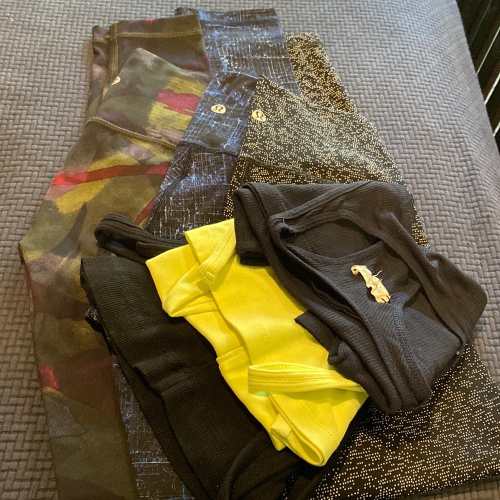 3 pairs Size 2 luluLemon tights, Vince, JCrew and other coordinating tanks.